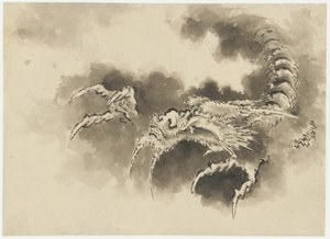 Drake som kommer fram ur molnen, Edo-perioden (bläck på papper) av Katsushika Hokusai