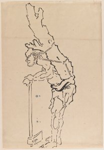 Teckning av en man som vilar på en yxa och bär en del av en trädstam på ryggen (bläck på papper) av Katsushika Hokusai