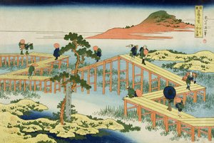 Åttadelad bro, provinsen Mucawa, Japan, ca 1830 (träblockstryck) av Katsushika Hokusai