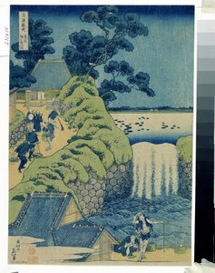 Japanskt tryck: ""Les cascades Aigaoka"" (Waterfall Aigaoka) (Från serien Waterfalls of the Various Provinces) Gravyr från en serie om vattenfallen i olika provinser av Katsushika Hokusai (1760-1849) ca 1829 Pouchkine Museum, Mosc av Katsushika Hokusai