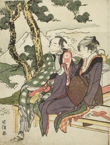 Evening Glow for Date no Yosaku och Seki no Koman, från den namnlösa serien känd som Eight Views of Tragic Lovers av Katsushika Hokusai