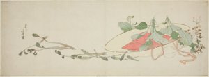 Blommor och vårgrönsaker i en hatt av Katsushika Hokusai