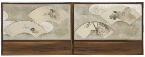 Fyra fanmålningar: "Groda på lotusblad", "Lärling i ett hus", "Landskap" och "Båt och klippa", Edo-perioden (bläck och färg på papper) av Katsushika Hokusai