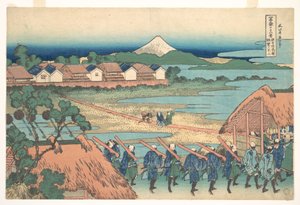Fuji sett i fjärran från nöjeskvarteret Senju (Senju kagai yori chōbō no Fuji), ur serien ”Trettiosex vyer av berget Fuji” (Fugaku sanjūrokkei) av Katsushika Hokusai