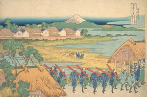 Fuji Senju station från Senju lagerhus. . . , mygga. 1830-32. av Katsushika Hokusai