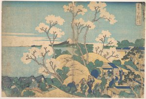 Fuji sedd från Gotenyama i Shinagawa längs Tōkaidō (Tōkaidō Shinagawa Gotenyama no Fuji), ur serien ”De trettiosex vyerna av berget Fuji” (Fugaku sanjūrokkei) av Katsushika Hokusai