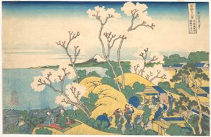 Fuji sedd från Gotenyama i Shinagawa längs Tōkaidō (Tōkaidō Shinagawa Gotenyama no Fuji), ur serien ”De trettiosex vyerna av berget Fuji” (Fugaku sanjūrokkei) av Katsushika Hokusai