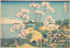 Fuji sedd från Gotenyama längs Tōkaidō vid Shinagawa (Tōkaidō Shinagawa Gotenyama no Fuji), ur serien ”De trettiosex vyerna av berget Fuji” (Fugaku sanjūrokkei) av Katsushika Hokusai