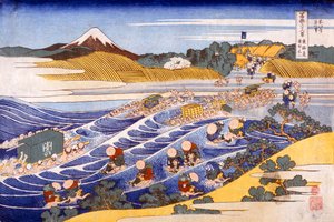 Fuji fra Ford at Kanaya (farvet træbloktryk) swed av Katsushika Hokusai