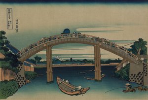 Fuji sedd genom Mannen-bron vid Fukagawa, Edo, c.1830 av Katsushika Hokusai