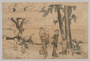 Grupp av figurer nära en bäck av Katsushika Hokusai