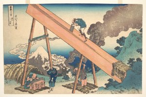 I bergen i provinsen Tōtomi (Tōtomi sanchū), ur serien ”De trettiosex vyerna av berget Fuji” (Fugaku sanjūrokkei) av Katsushika Hokusai