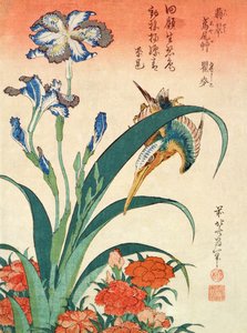 Kingfisher, Iris och Pinks, pub. av Nishimura Eijudo, ca 1832, en av en uppsättning om tio tryck, (chubanstorlek, färg träblock) av Katsushika Hokusai