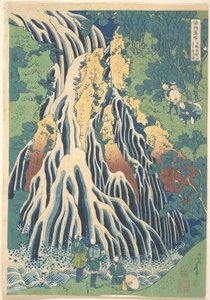 Kirifuri-vattenfallet vid berget Kurokami i Shimotsuke (Shimotsuke Kurokamiyama Kirifuri no taki), ur serien ”En rundtur bland vattenfall i olika provinser” (Shokoku taki meguri) av Katsushika Hokusai