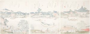 Komagata Hall och O-umaya River Bank, från serien "A Selection of Horses (Uma zukushi)" av Katsushika Hokusai