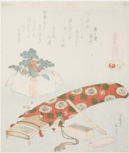 Koto och nyårsoffer, illustration för The Akoya Beach Shell (Akoyagai), från serien "A Matching Game with Genroku-period Poem Shells (Genroku kasen kai awase)" av Katsushika Hokusai