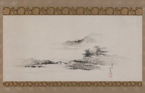 Landskap, Edo-period, ca 1801-02 (bläck och färg på papper monterad som hängande rulle) av Katsushika Hokusai