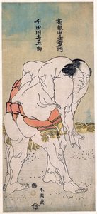 Les lutteurs sumo Takaneyama Yoichiemon och Sendagawa Kichigoro --Sumobrottarna Takaneyama Yoichiemon och Sendagawa Kichigoro par Hokusai, Katsushika (1760-1849). Färg träsnitt, storlek: 30,6x12,9, ca 1792, privat samling av Katsushika Hokusai