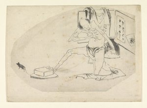 Man i ländtyg, en låda och en mus av Katsushika Hokusai