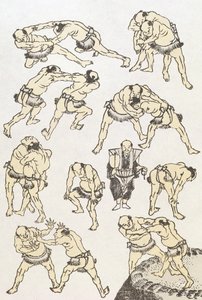 Manga: studier av brottares gester och ställningar, pub. 1849, (trätryck i färg) av Katsushika Hokusai