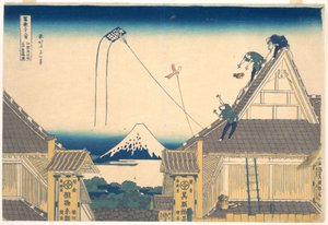 Mitsui-butiken i Surugachō i Edo (Edo Surugachō Mitsui mise ryaku zu), ur serien ”De trettiosex vyerna av berget Fuji” (Fugaku sanjūrokkei) av Katsushika Hokusai