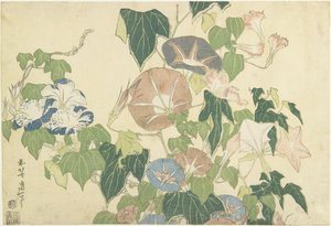 Morning Glories and Tree Frog, från den namnlösa serien känd som Large Flowers, c.1833-34 (träblock i färg) av Katsushika Hokusai