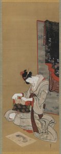 Nyårsanpassad: Smink på nyårsmorgonen, Edo-perioden, ca 1806-11 (bläck och färg på siden) av Katsushika Hokusai