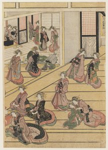 Nyårsdagar på tehuset Ogi-ya. c.1810 (träblock i färg) (för set se 277795-277797) av Katsushika Hokusai