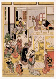 New Years Days of the Teahouse Ogi-ya, c.1810 (träblockstryck) (se även 406534, 406535 & 406536) av Katsushika Hokusai