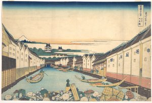 Nihonbashi i Edo (Edo Nihonbashi), ur serien ”De trettiosex vyerna av berget Fuji” (Fugaku sanjūrokkei) av Katsushika Hokusai