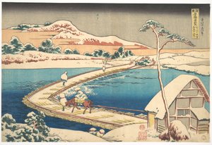 Gammal vy över båtbron vid Sano i provinsen Kōzuke (Kōzuke Sano funabashi no kozu), ur serien ”Anmärkningsvärda vyer över broar i olika provinser” (Shokoku meikyō kiran) av Katsushika Hokusai