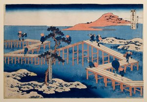 Gammal vy över den åttadelade bron vid Yatsuhashi i provinsen Mikawa, ur serien ”Anmärkningsvärda vyer över broar i olika provinser” av Katsushika Hokusai