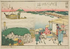 Sidor från den illustrerade boken "Panoramautsikt längs stranden av Sumidafloden (Ehon Sumidagawa ryogan ichiran)" av Katsushika Hokusai
