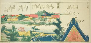 Sidor från den illustrerade boken "Panoramautsikt längs stranden av Sumidafloden (Ehon Sumidagawa ryogan ichiran)" av Katsushika Hokusai