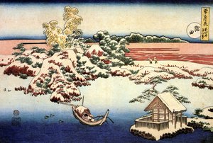 ""Snölandskap på Sumidafloden, Japan"" Tryck av Katsushika Hokusai (1760-1849) (ukiyo-e School) 1832 State A Pushkin Museum of Fine Arts, Moskva av Katsushika Hokusai