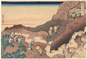 Pilgrimer på väg upp mot toppen, ur serien ”Trettiosex vyer av berget Fuji” av Katsushika Hokusai