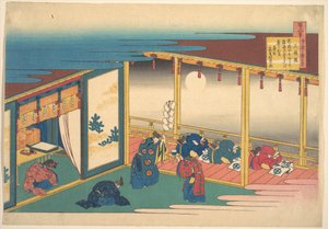 Dikt av Sanjō-in, ur samlingen ”Hundra dikter förklarade av amman” (Hyakunin isshu uba ga etoki) av Katsushika Hokusai