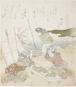 Återvinningspapper, illustration för The Fulling-block Shell (Kinuta gai), från serien "A Matching Game with Genroku-period Poem Shells (Genroku kasen kai awase)" av Katsushika Hokusai