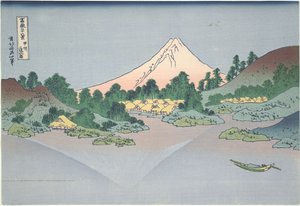 Fuji speglas i sjön Misaka i provinsen Kai, ur serien ”Trettiosex vyer av berget Fuji” av Katsushika Hokusai