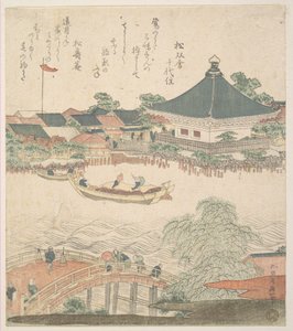 Flodmotiv med bro i förgrunden av Katsushika Hokusai