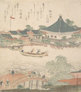 Flodscen med bro i förgrunden, ca. 1810. av Katsushika Hokusai