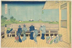 Sazai-hallen vid De femhundra arhaternas tempel (Gohyaku Rakanji Sazaidō), ur serien ”Trettiosex vyer över berget Fuji” (Fugaku sanjūrokkei) av Katsushika Hokusai