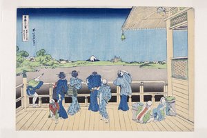 Sazai Hall of the Temple of the Five Hundred Arhats (Gohyaku Rakan-ji Sazaid?) (träblock i färg) av Katsushika Hokusai