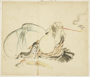 Sittande Hotei Smoking a Pipe, ca. 1815-1849 (bläck och färg på papper) av Katsushika Hokusai