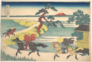 Byn Sekiya vid floden Sumida (Sumidagawa Sekiya no sato), ur serien ”De trettiosex vyerna av berget Fuji” (Fugaku sanjūrokkei) av Katsushika Hokusai