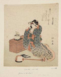 Shamisen Player justerar hennes hår (träblock i färg) av Katsushika Hokusai
