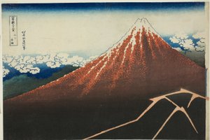 Shower Below the Summit (Sanka hakuu), från serien "Thirty-Six Views of Mount Fuji (Fugaku sanjurokkei)" av Katsushika Hokusai