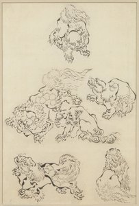 Sex lejon av Katsushika Hokusai
