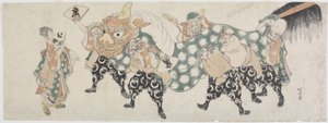 Sex manliga gudar som utför lejondansen, 1797-1819 (trätryck i färg) av Katsushika Hokusai