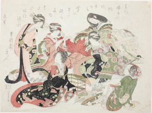 Sex kvinnor satt runt en fågelbur av Katsushika Hokusai
